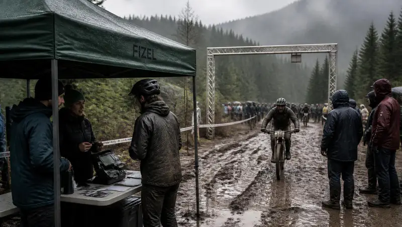 Muddy mountain bikers finishing a forest race course in the Pacific Northwest while staff at a dark green Fizel event canopy talk with a rider