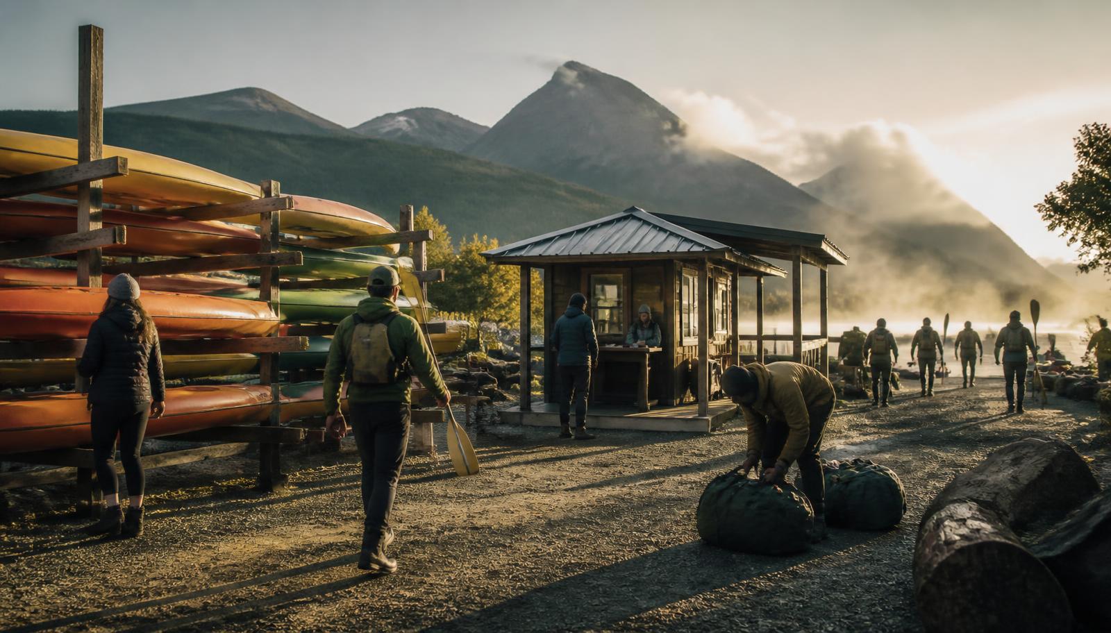 Two outdoor business owners talking outside a shop in warm morning light