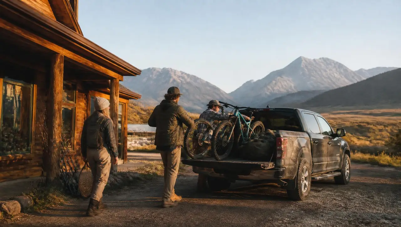 Three friends loading mountain bikes and fly rods into a pickup outside a timber outdoor shop at golden hour