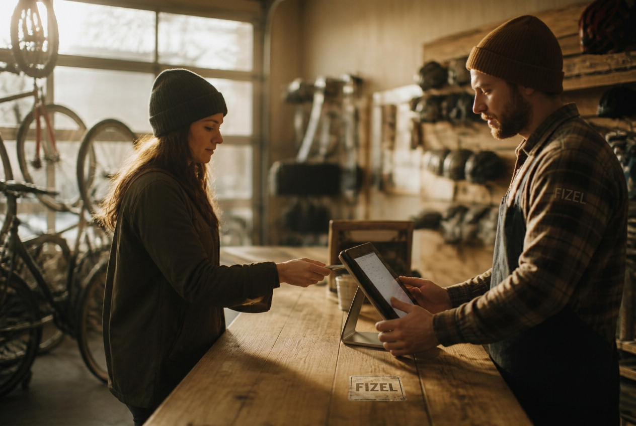 Outdoor business owner reviewing bookings on a laptop in a timber-framed office