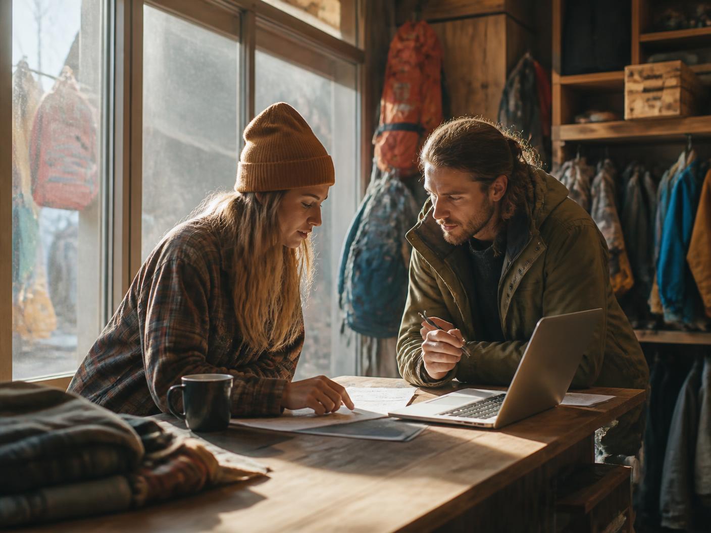 Two shop owners reviewing paperwork and a laptop on a wooden counter in a mountain gear shop