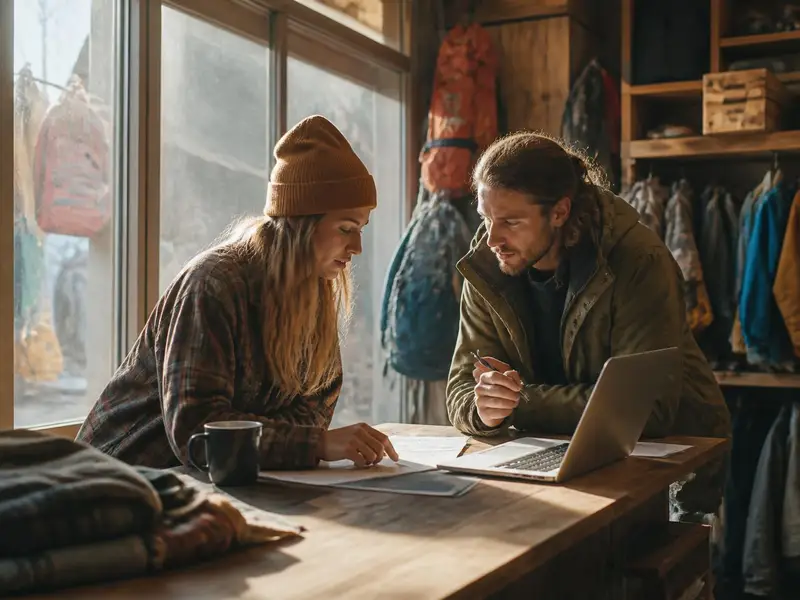 Two shop owners reviewing paperwork and a laptop on a wooden counter in a mountain gear shop