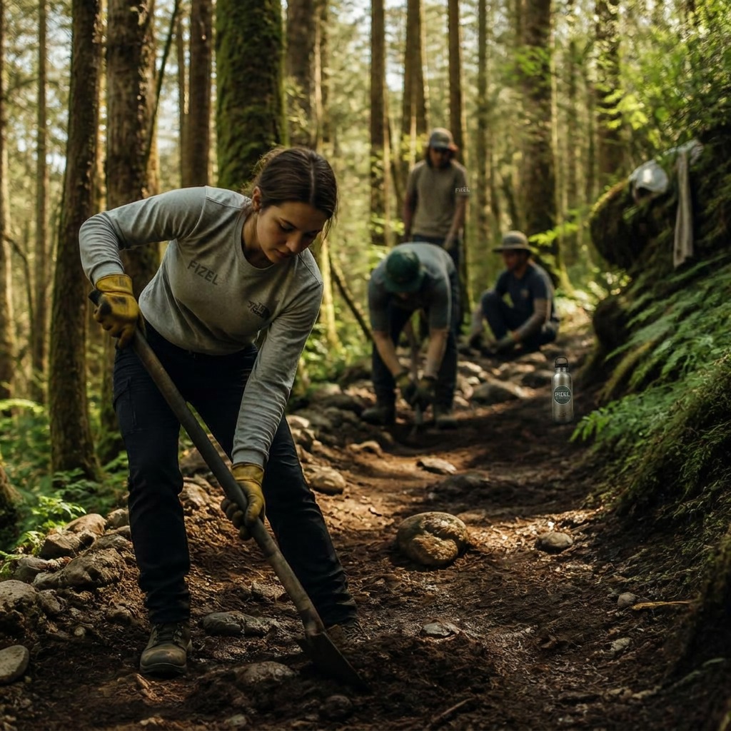 Volunteers restoring a rocky forest trail with shovels in dappled light