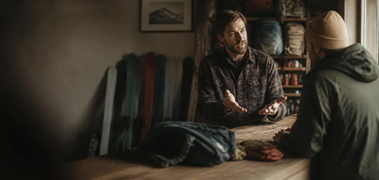 A gear shop owner talking with a customer across a wooden counter in warm window light