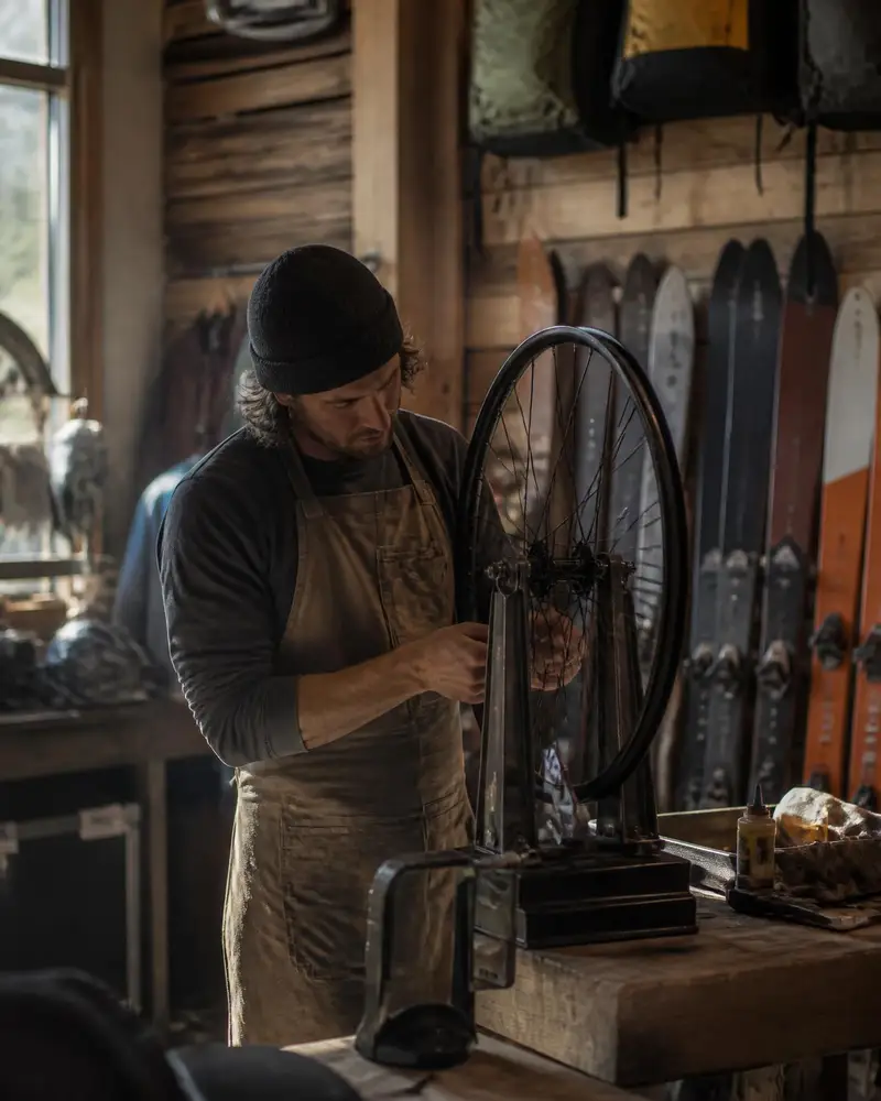 Shop mechanic truing a bicycle wheel on a repair stand in an independent outdoor gear shop