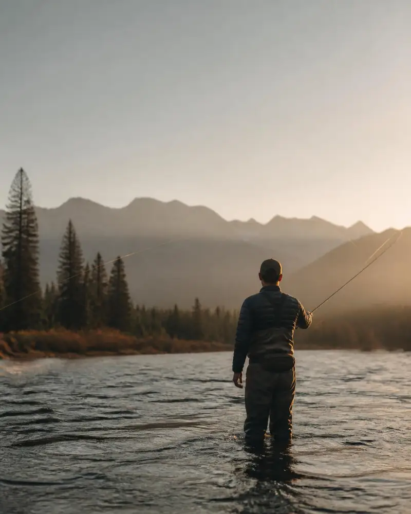 A lone angler casting a fly line in a wide mountain river at golden hour, seen from behind