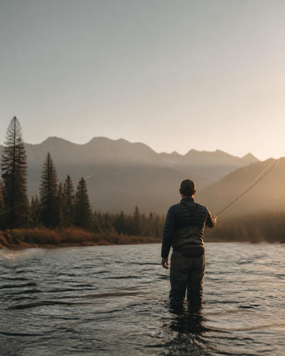 A lone angler casting a fly line in a wide mountain river at golden hour, seen from behind