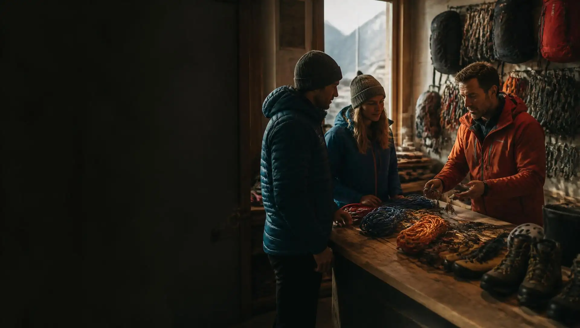 A mountaineering guide briefing two clients across the counter of an alpine outfitter, ropes, hardware and boots laid out with a mountain view through the window