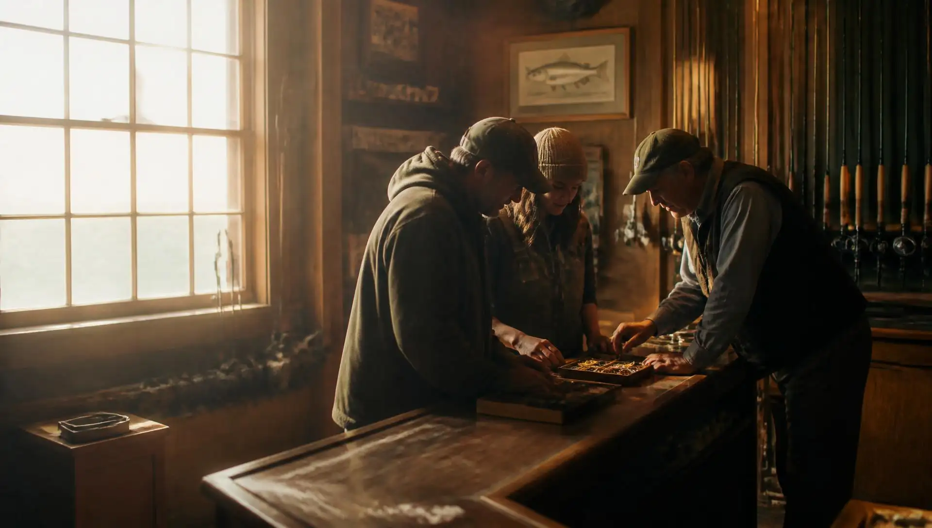 A fly shop owner helping two anglers choose flies at the counter in warm morning light
