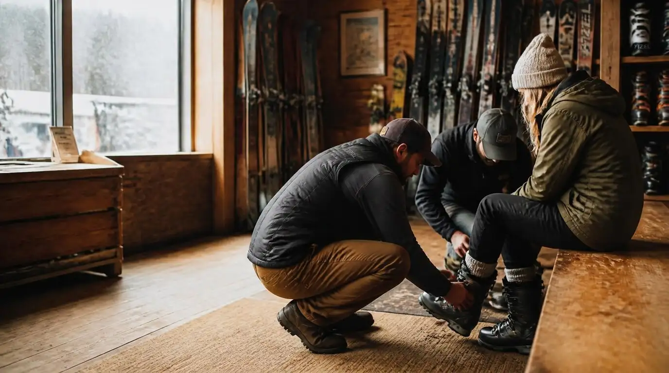 Ski shop staff fitting rental boots for a customer on a bench in a wooden rental shop