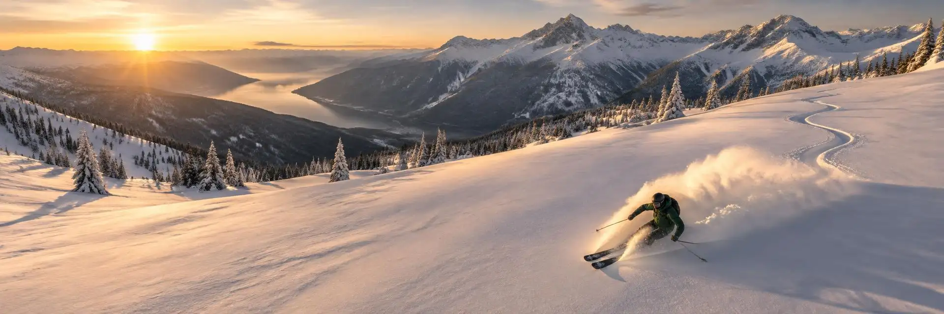 An elevated view of a skier in a green jacket turning through knee-deep powder, a backlit fan of snow rising behind them and a curved track crossing the untouched slope, with mountain peaks and a deep valley in the distance