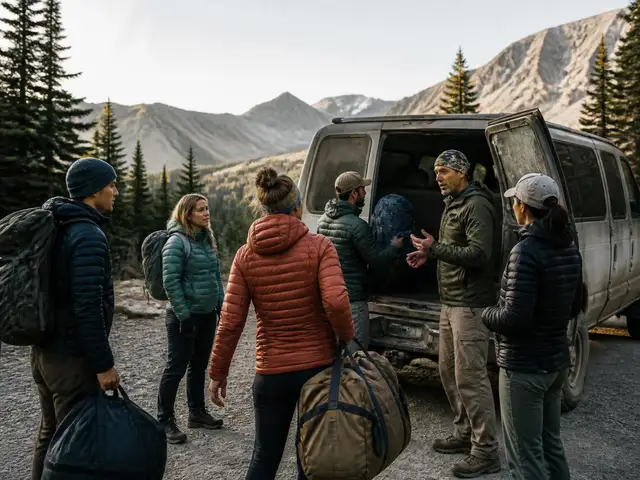 Adventure travellers loading gear at a trailhead in early morning light