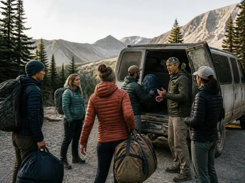 Small group of travellers loading duffel bags and packs into a guide's van at a mountain trailhead at first light