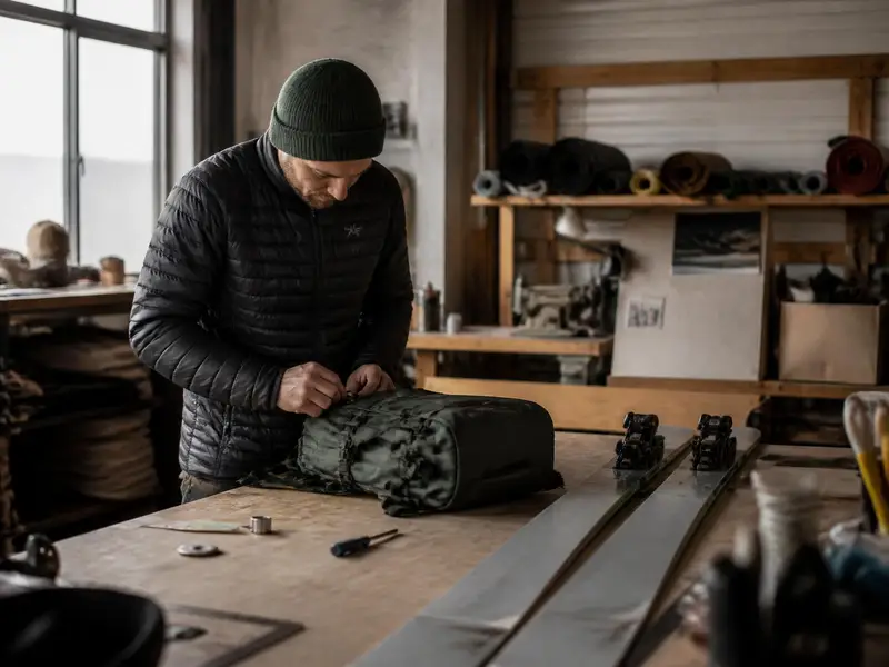 Maker assembling a pack on a wooden workbench in a small outdoor gear workshop with skis alongside