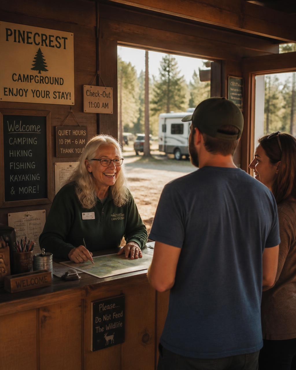 Campground host greeting arriving guests at the check-in office counter