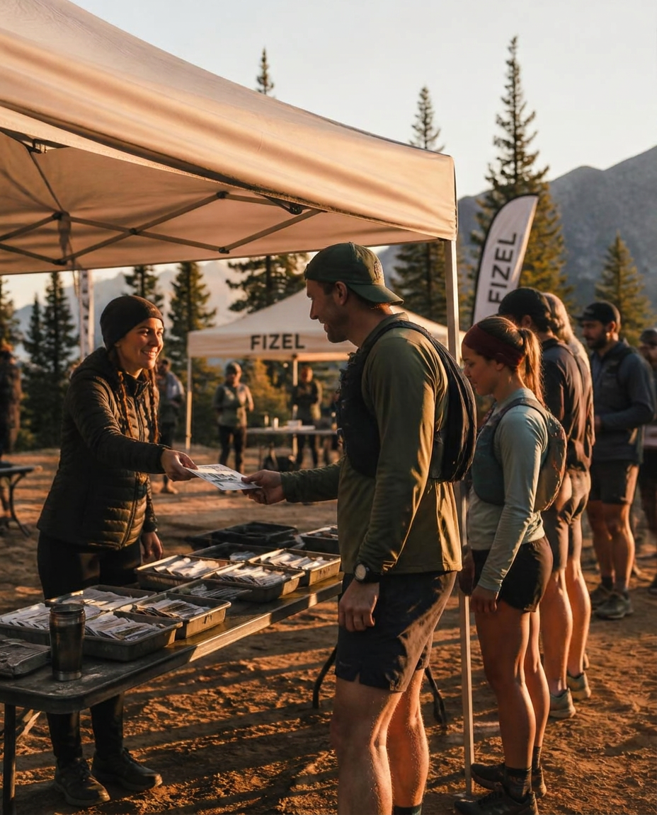 Volunteer handing a race bib to a runner at a trail race registration table at dawn