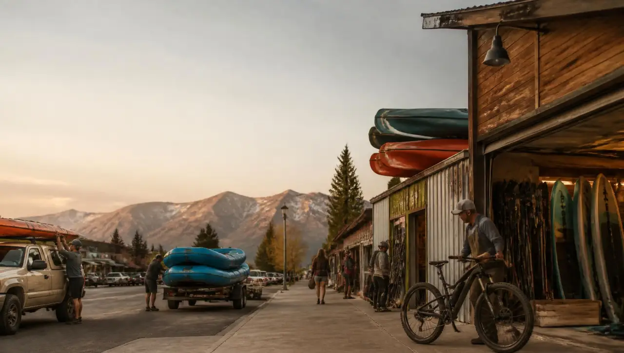 Golden-hour mountain town main street where a bike shop, raft trailer and rental garage all open onto the same block