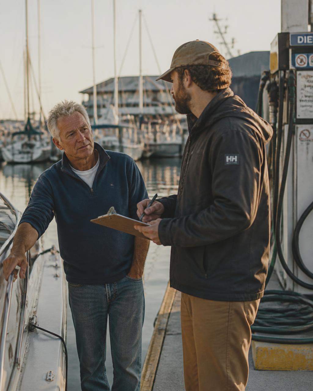 Marina dockhand with a clipboard helping a boat owner at the fuel dock