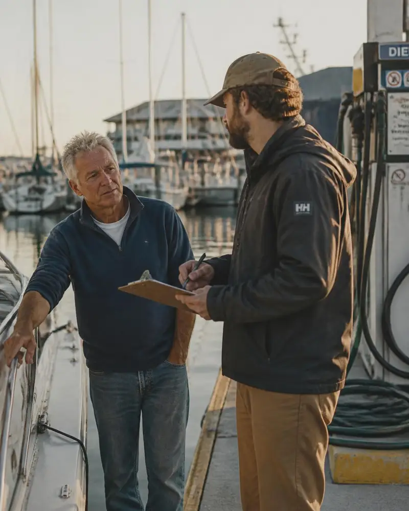 Marina dockhand with a clipboard helping a boat owner at the fuel dock