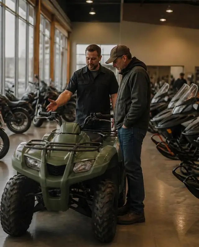 Salesperson walking a customer through an ATV on a powersports dealership floor