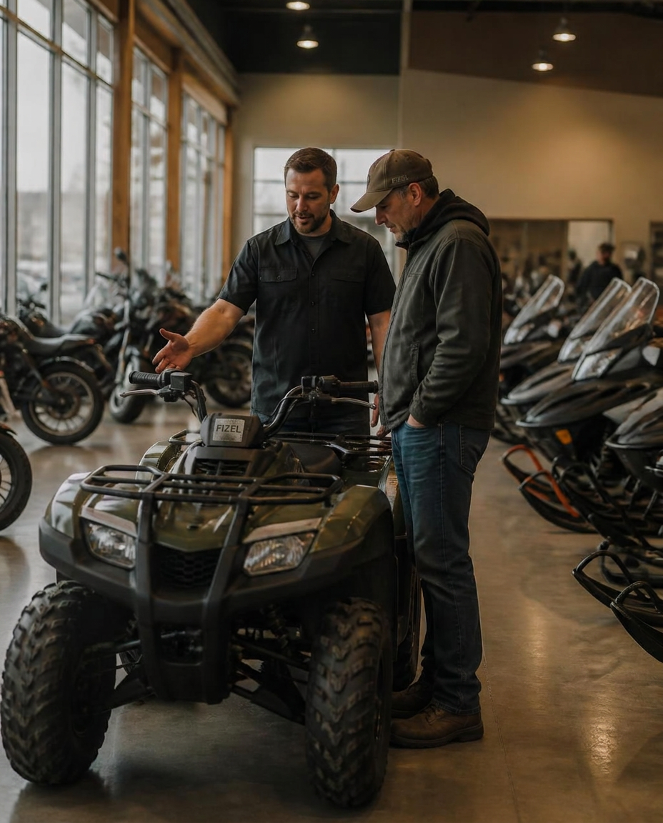 Salesperson walking a customer through an ATV on a powersports dealership floor