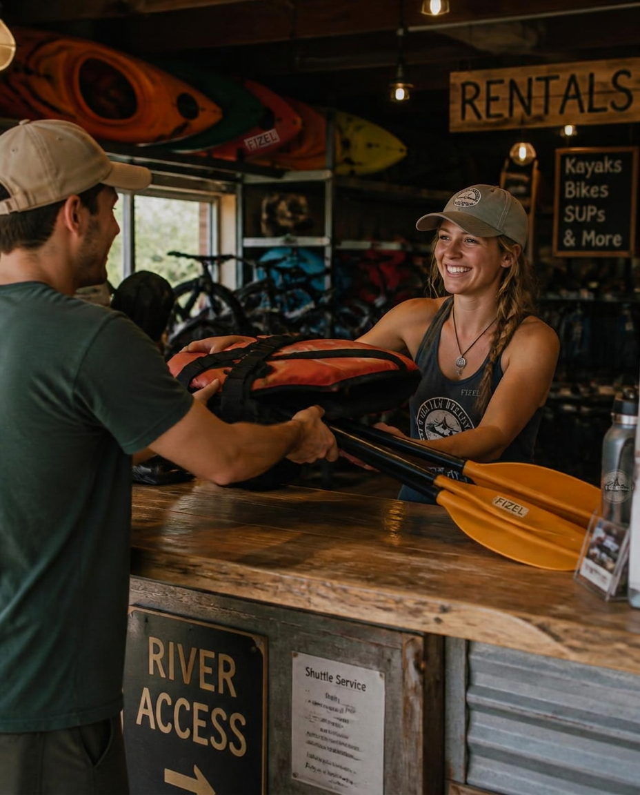 Rental counter staff handing paddles and a life vest to a customer