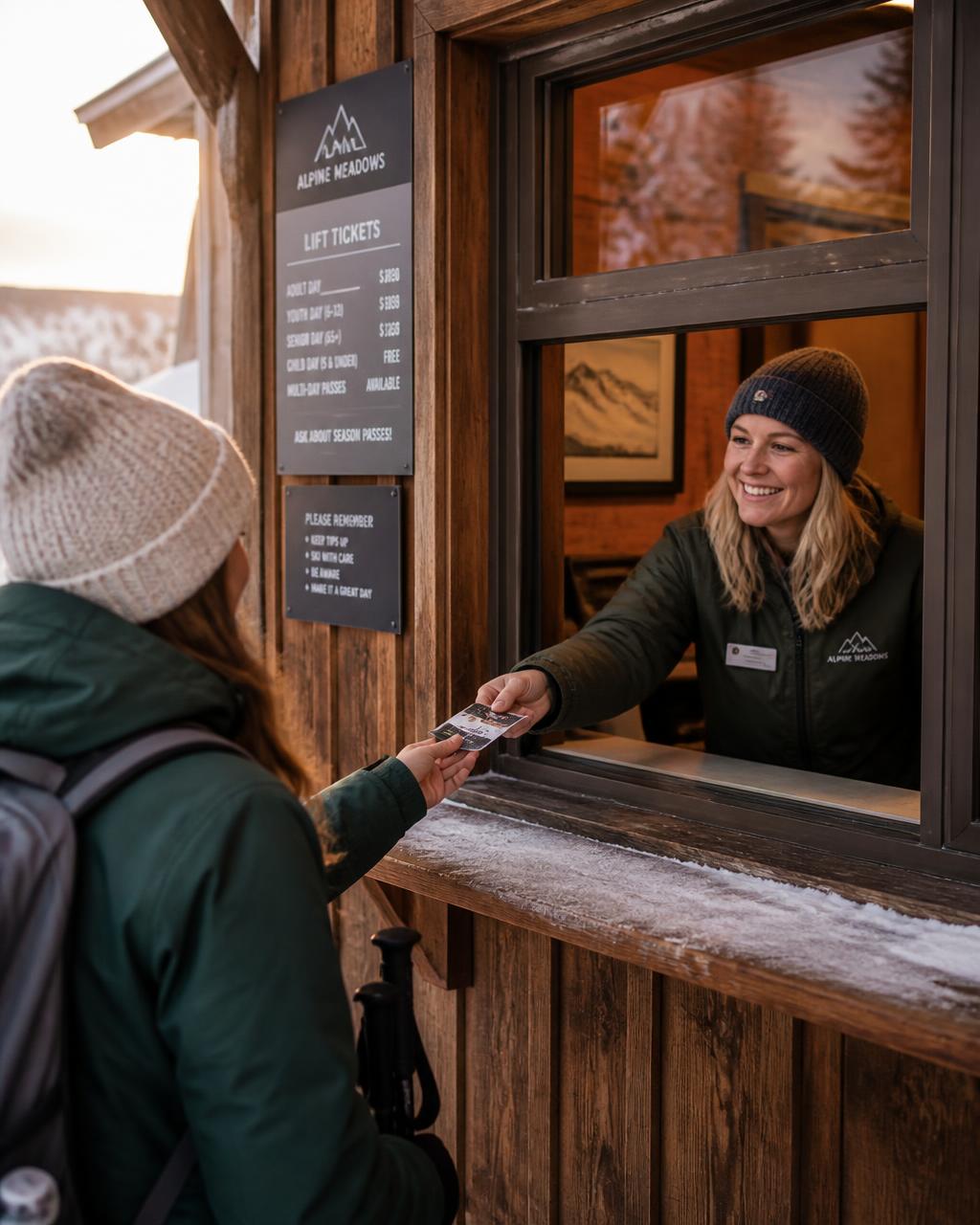 Resort employee handing a lift ticket to a guest through a wooden ticket window