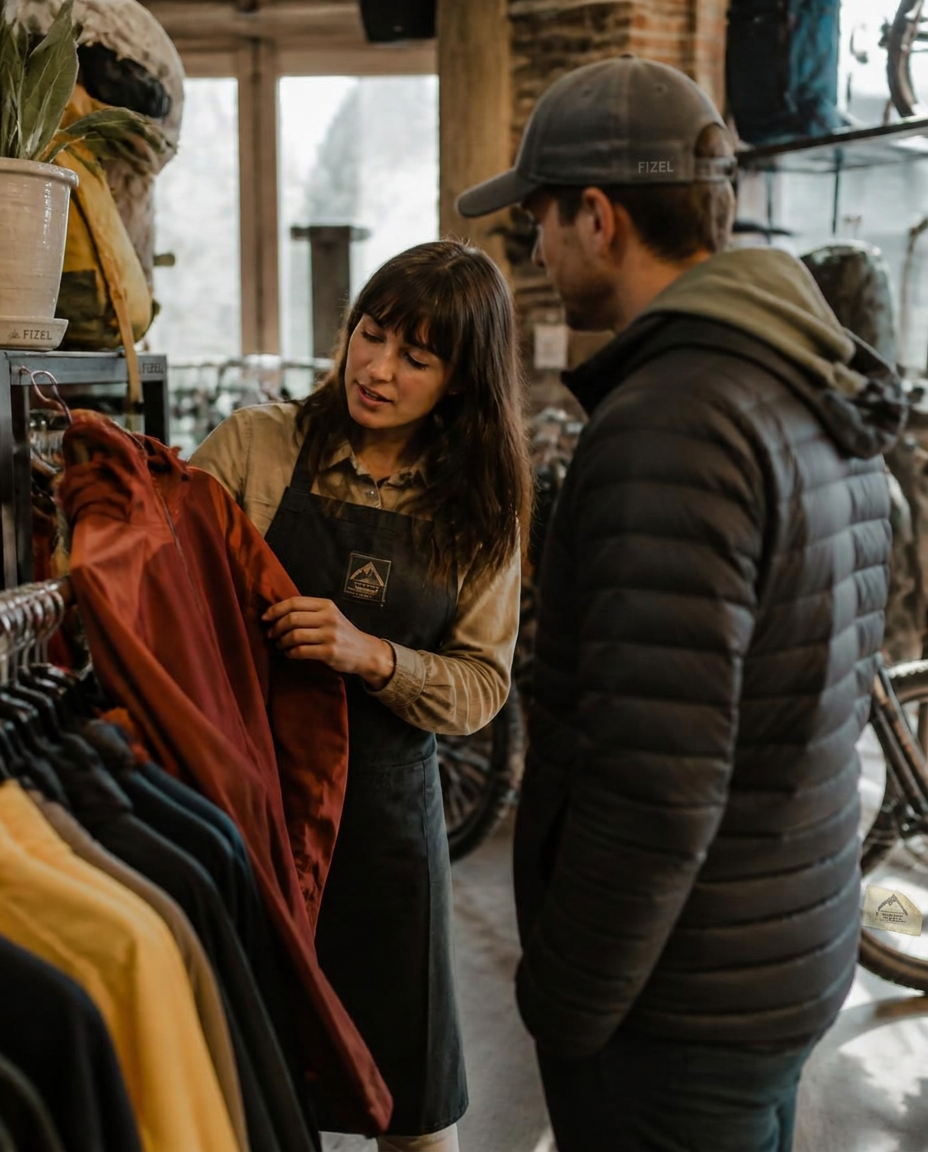 Shop staff member helping a customer choose a jacket inside an independent outdoor retail store