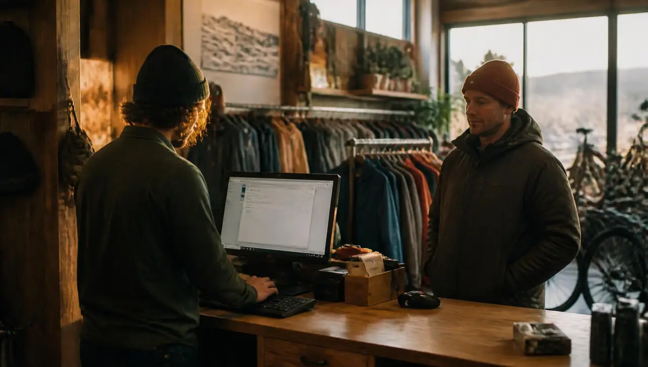 Staff member at the timber counter of an outdoor shop working on the store's point-of-sale computer while a customer waits