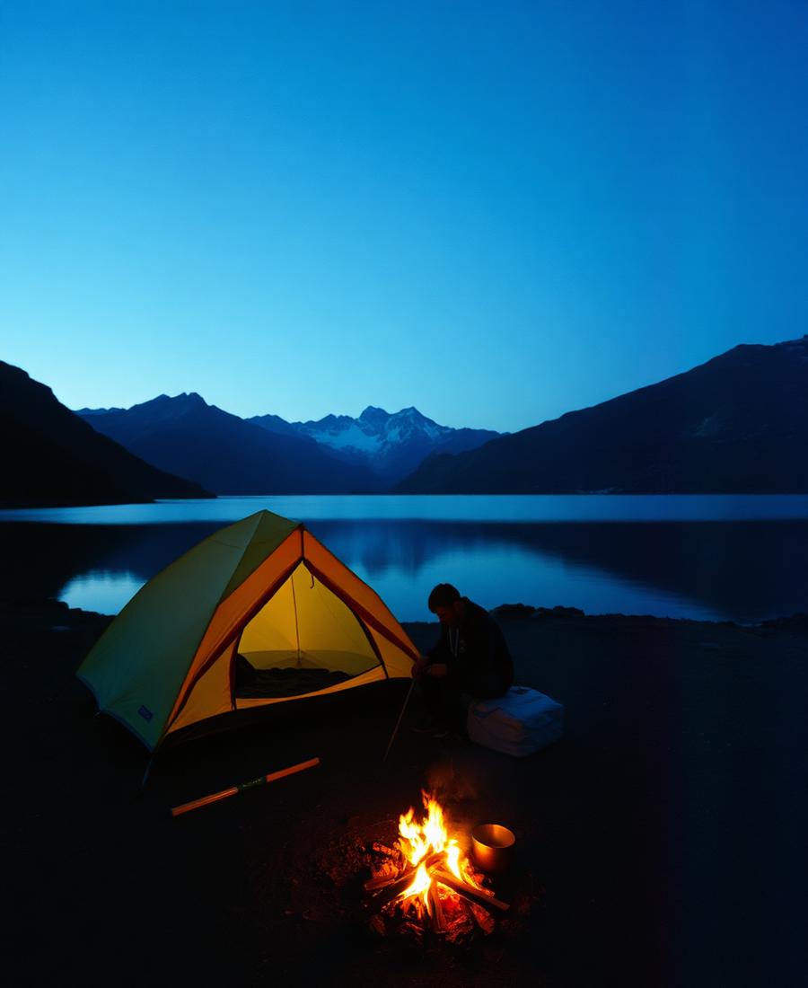A small camp beside an alpine lake at dusk