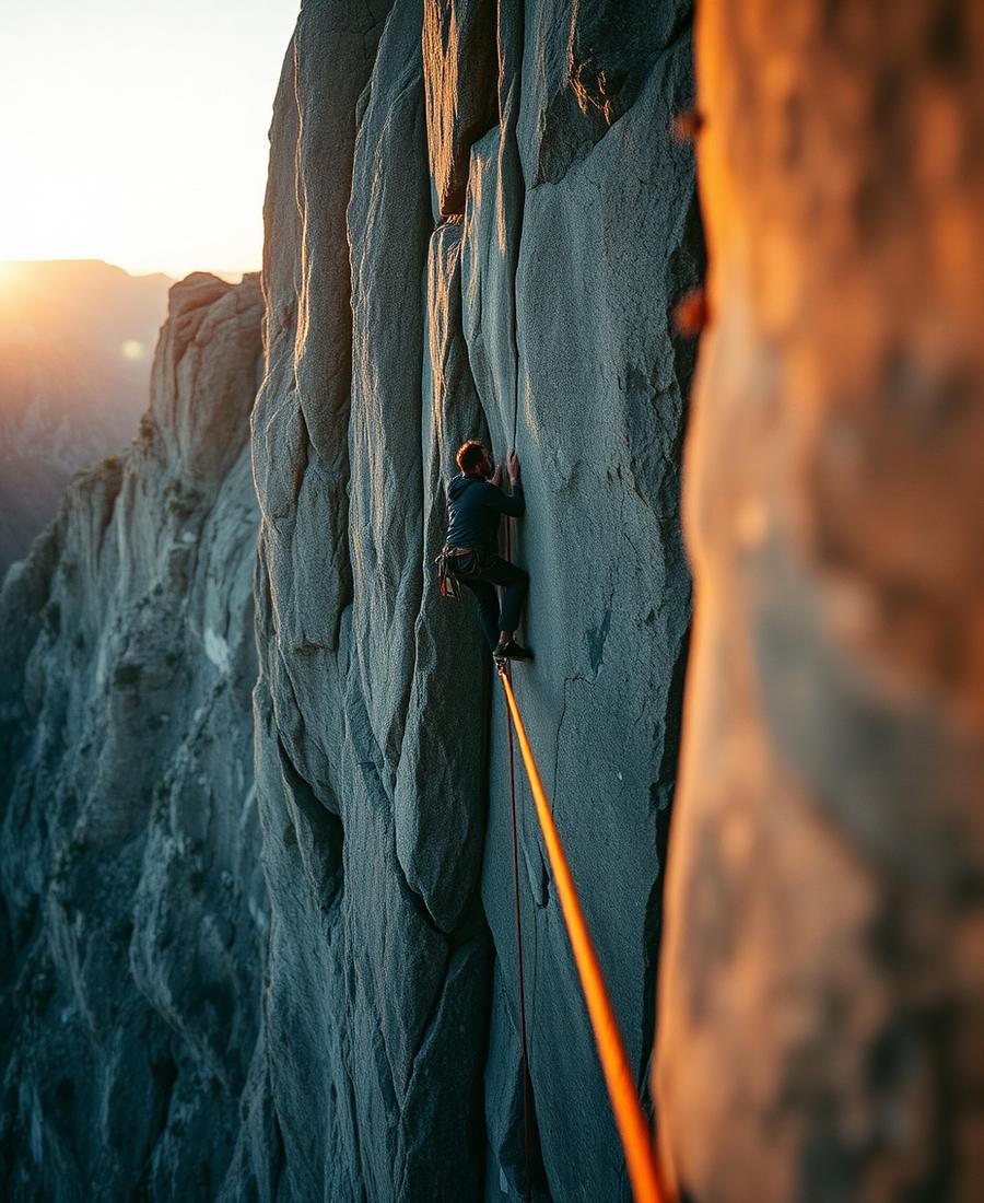 A climber high on a granite wall in alpenglow light