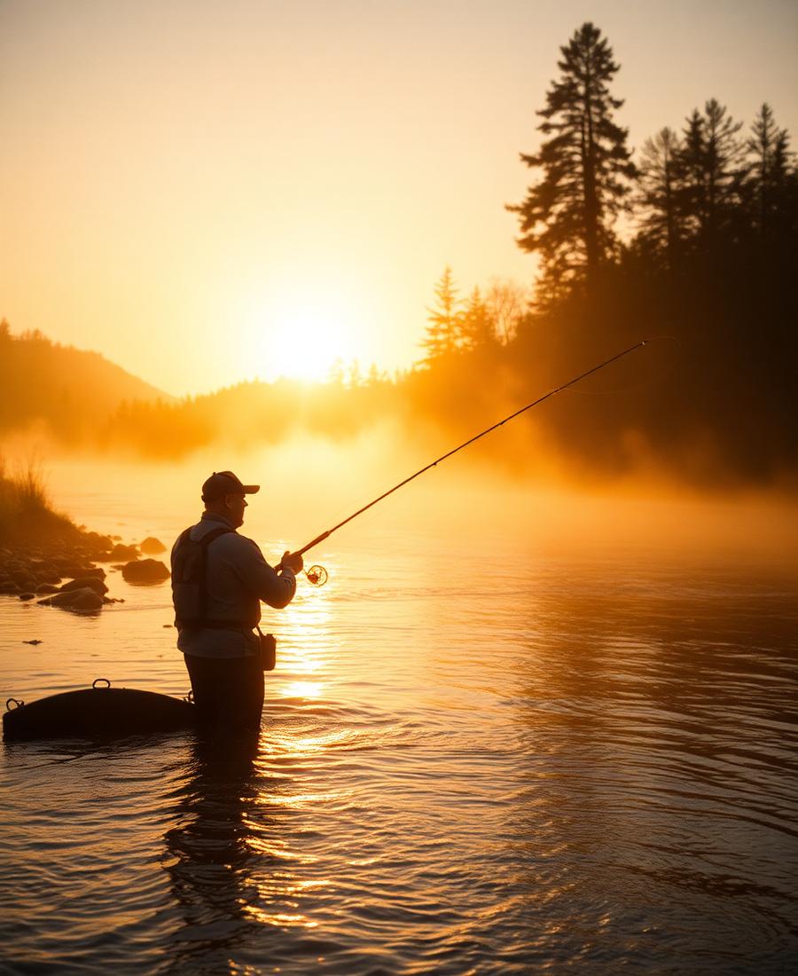 An angler casting a fly line in a misty river at sunrise