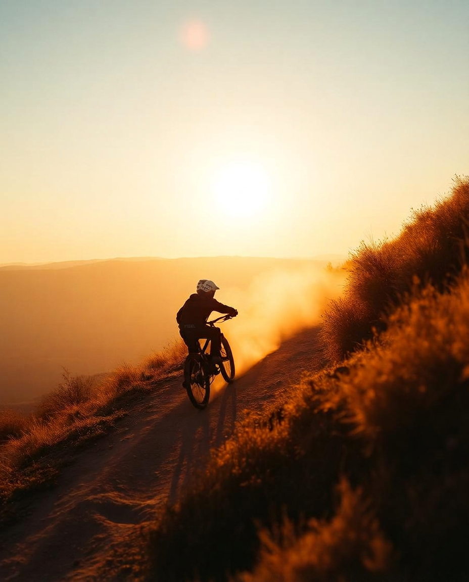 Mountain biker riding a forest singletrack trail in morning light
