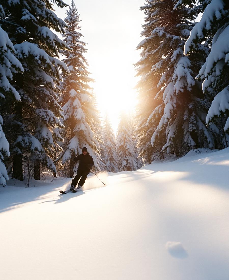 A skier turning through soft snow between snow-laden pines
