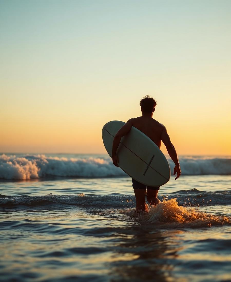 A surfer walking into the ocean at dawn