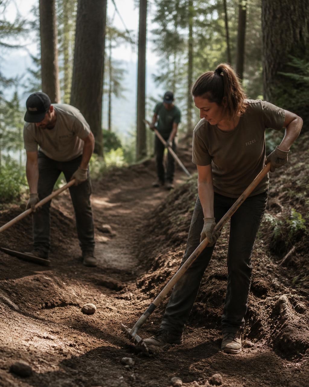 Volunteers repairing a forest trail with hand tools