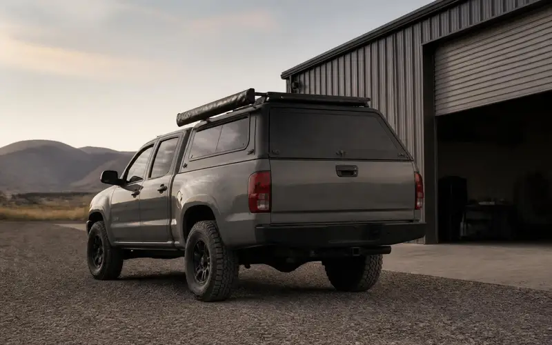 Rear three-quarter view of a completed overland pickup build parked on the gravel apron outside a workshop at golden hour, canopy fitted, low-profile roof rack with an awning, modest lift and all-terrain tires