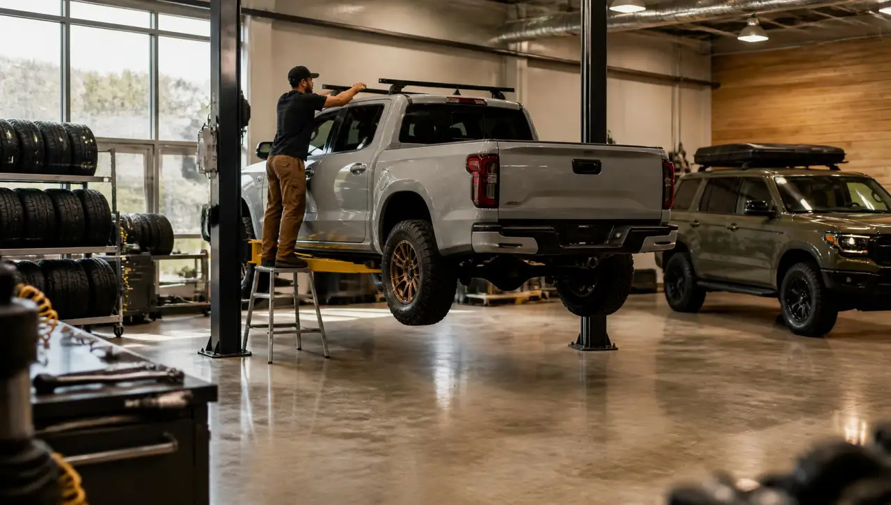 Inside an independent 4x4 and overland shop in the morning: a pickup truck raised on a two-post lift while a technician fits a roof rack crossbar, a finished SUV with a roof-top tent parked alongside, all-terrain tires racked against the wall and tool chests along the bay