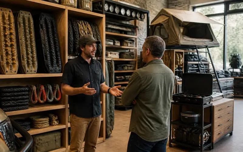 Retail floor of an overland and off-road outfitter: wooden shelving holding traction boards, recovery ropes and soft shackles, auxiliary lighting on a rack, a roof-top tent display and a camp kitchen unit, with a staff member talking to a customer