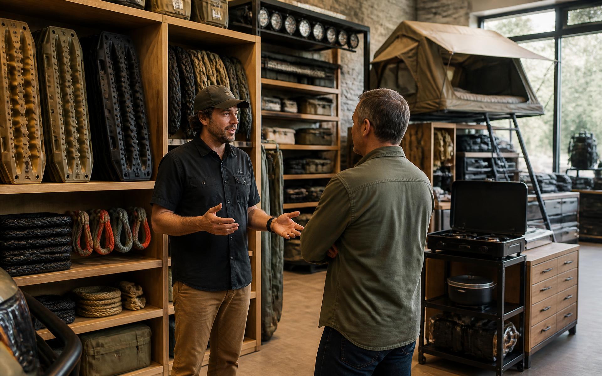 Retail floor of an overland and off-road outfitter: wooden shelving holding traction boards, recovery ropes and soft shackles, auxiliary lighting on a rack, a roof-top tent display and a camp kitchen unit, with a staff member talking to a customer
