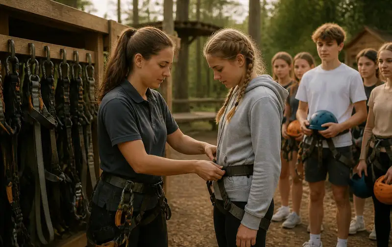 Adventure park staff member fitting a climbing harness on a young guest at a wooden equipment rack while a small group waits behind holding helmets