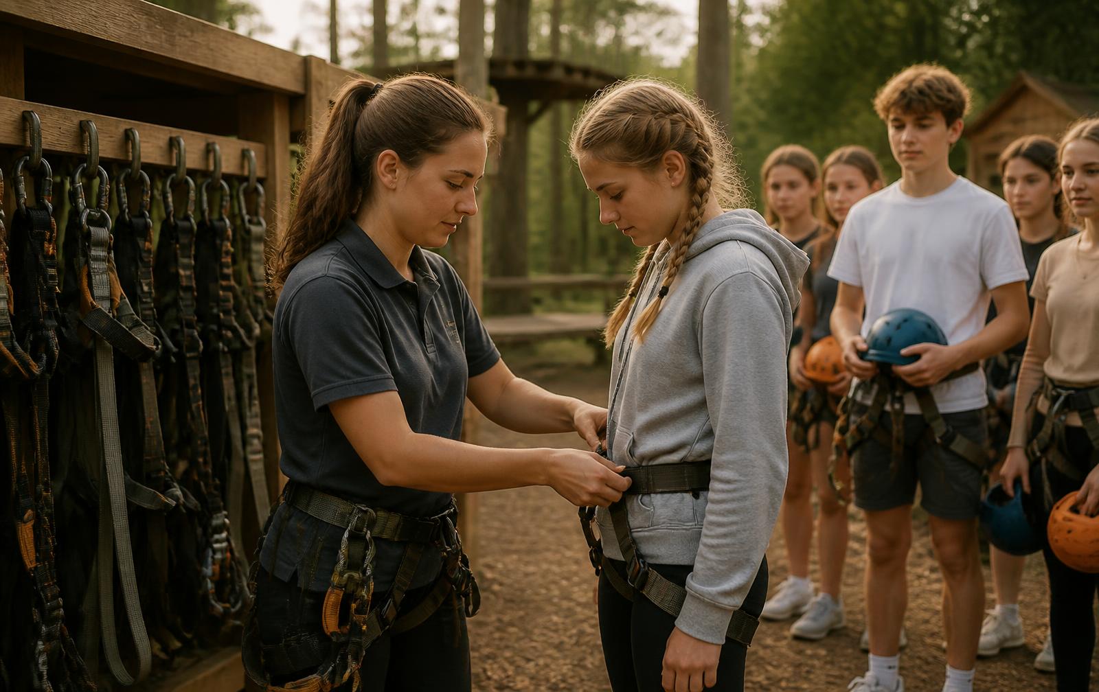 Adventure park staff member fitting a climbing harness on a young guest at a wooden equipment rack while a small group waits behind holding helmets
