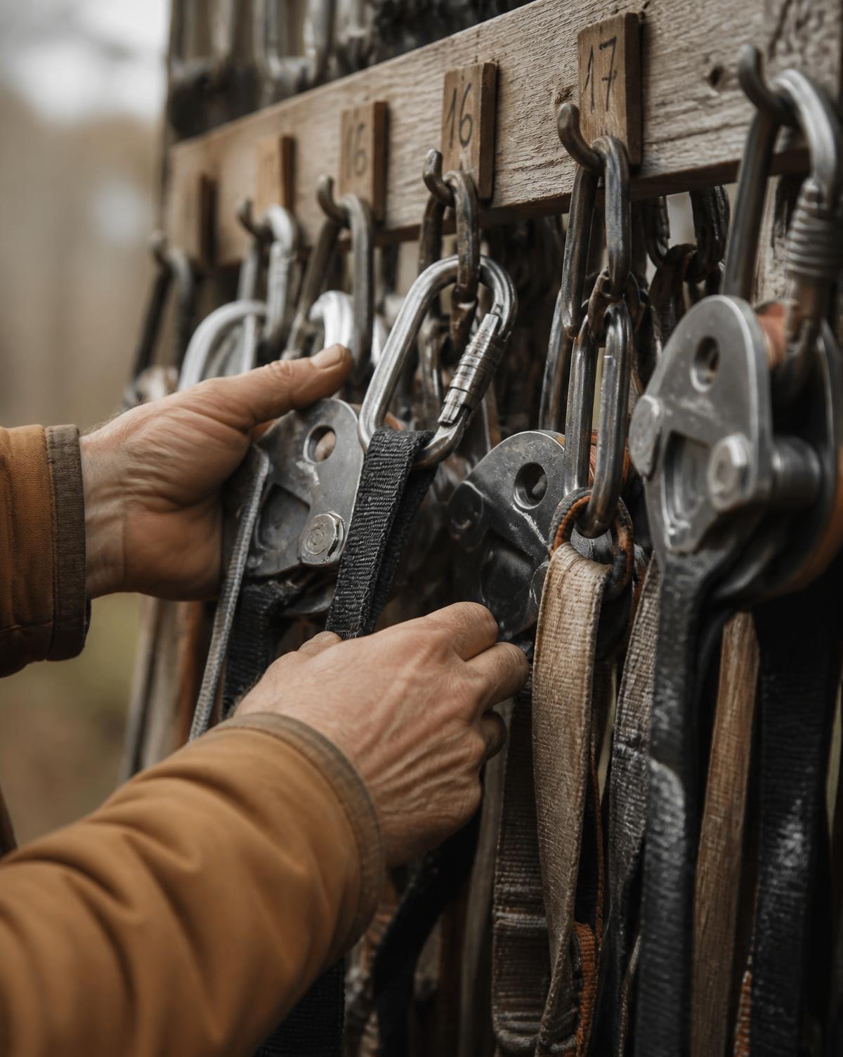 Close-up of hands sorting steel carabiners, pulleys and worn webbing lanyards hanging from numbered wooden pegs at an adventure park equipment rack