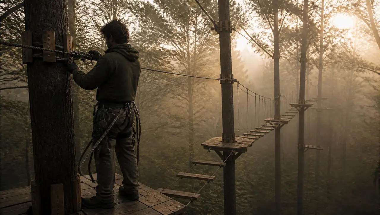 Adventure park staff member in a harness standing on an elevated wooden platform at dawn, checking a steel cable anchor, with suspended bridges and course structures receding into misty forest behind