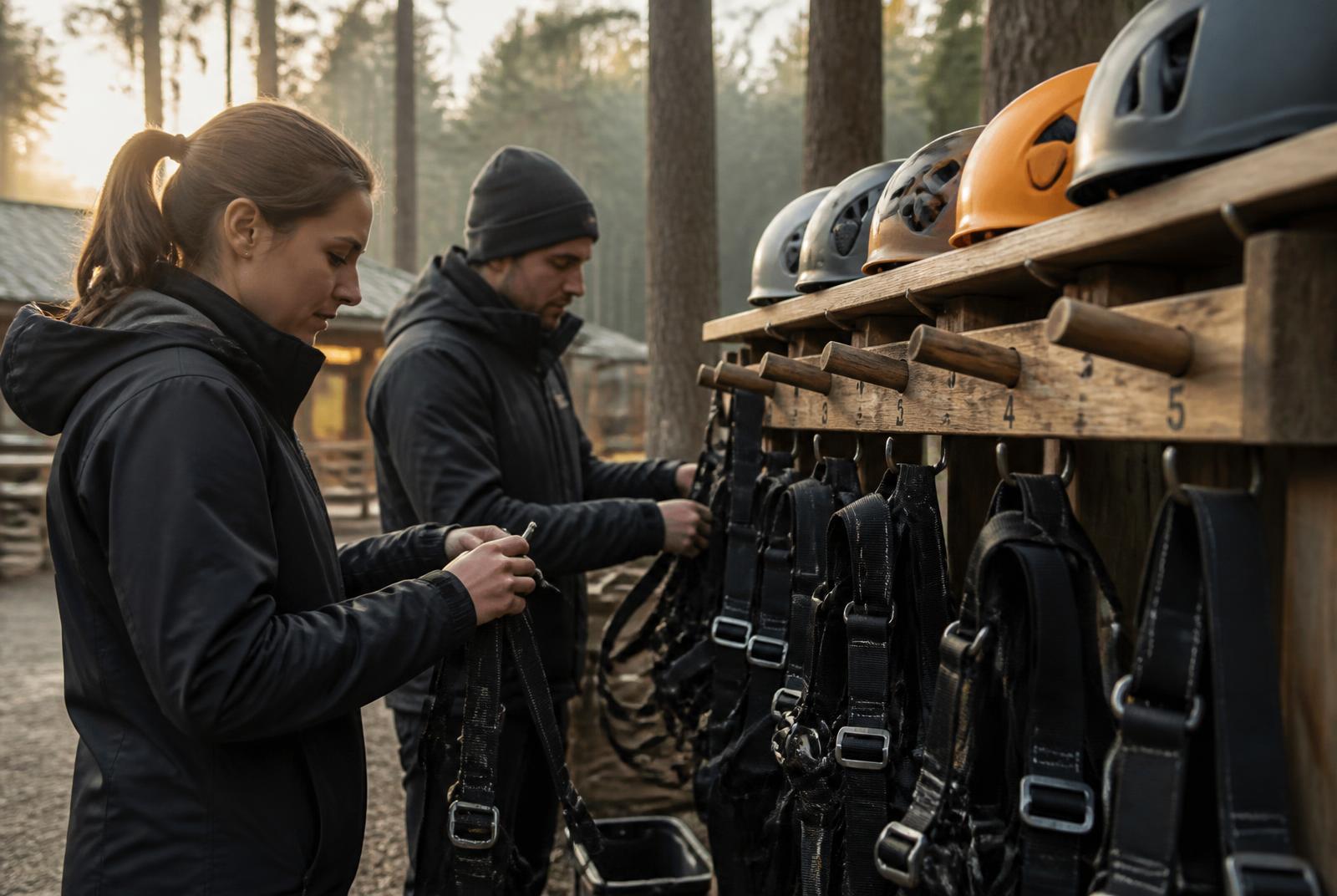 Two adventure park staff members sorting climbing harnesses and helmets onto a numbered wooden rack in early morning light before opening