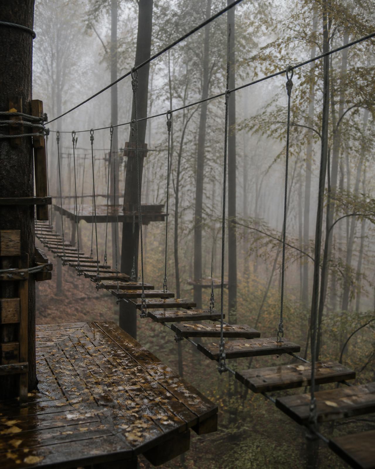 Empty aerial adventure course after rain, with wet plank bridges, dripping cables and fog through autumn trees