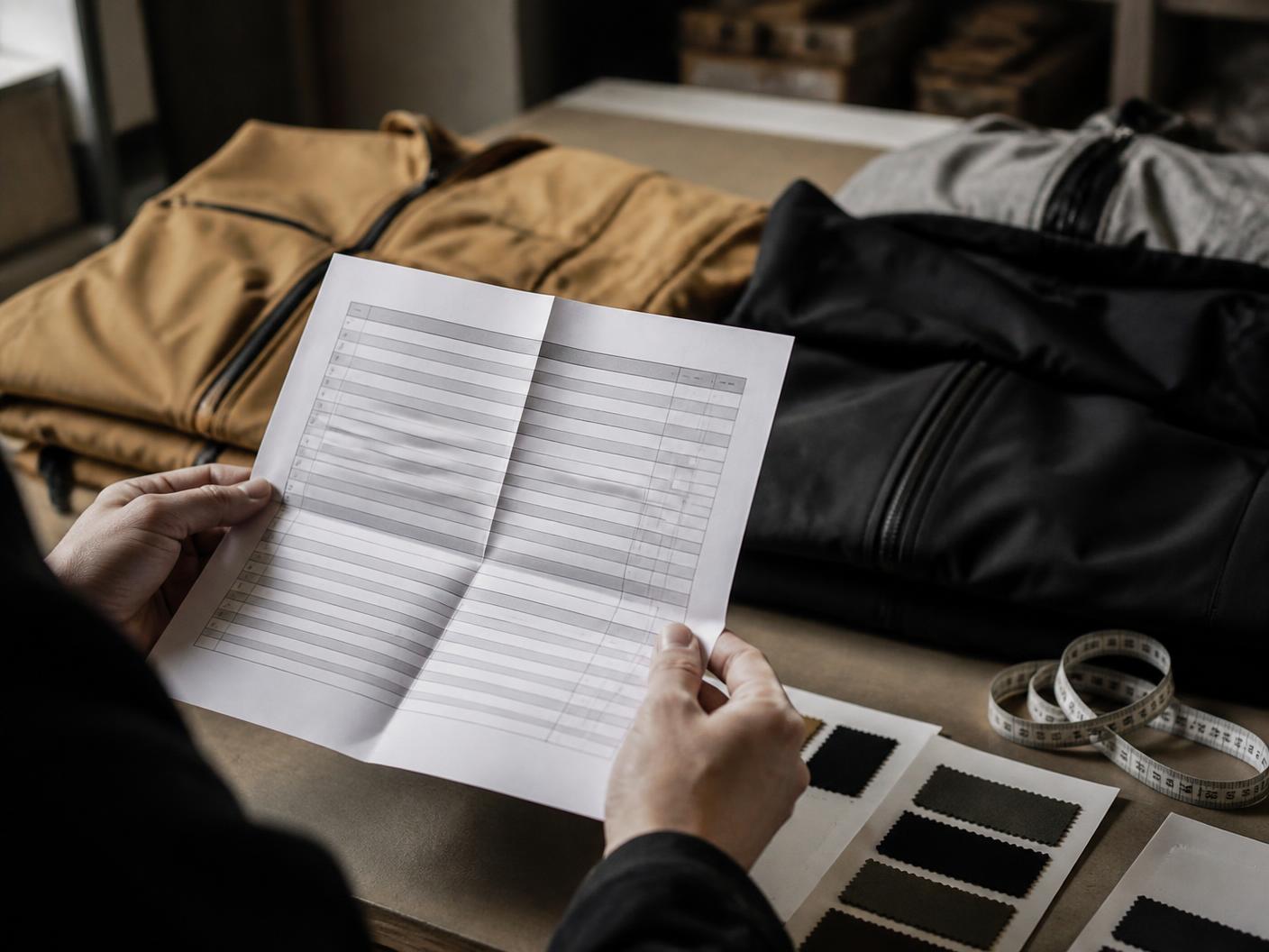 Hands holding a printed wholesale order sheet over folded technical outerwear, fabric swatches and a tape measure on the table