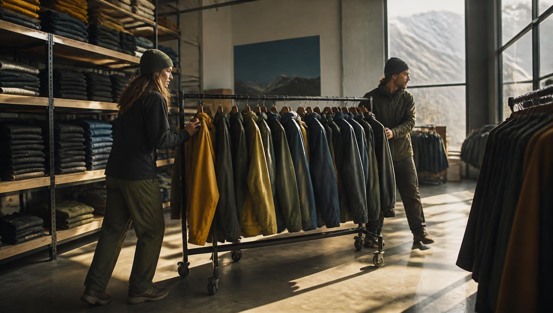 Two employees moving a rolling rack of technical shell jackets through an outdoor apparel brand's warehouse showroom, shelves of folded base layers alongside