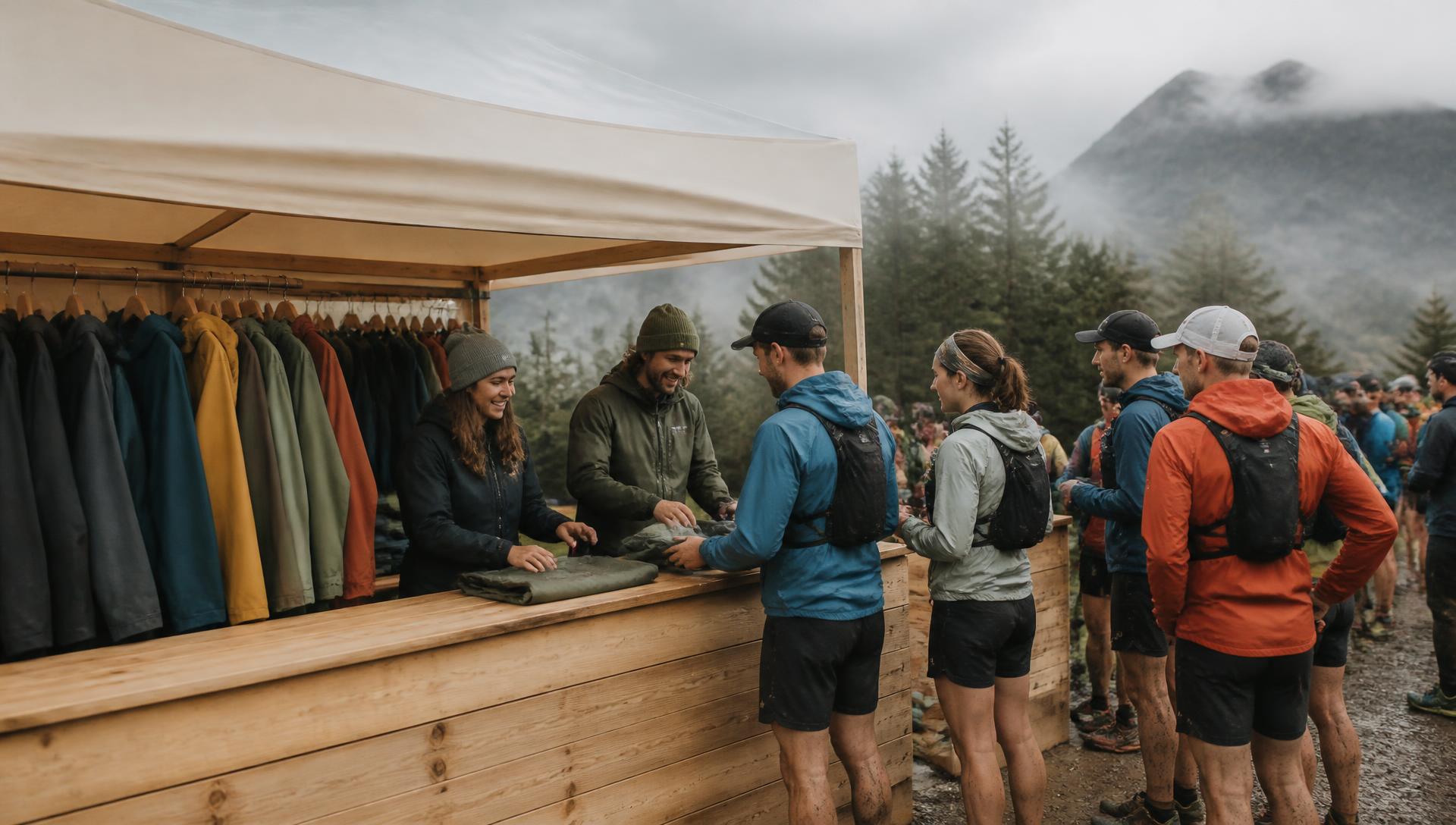 Staff selling technical jackets from a timber pop-up counter to a line of runners at a misty mountain trail race