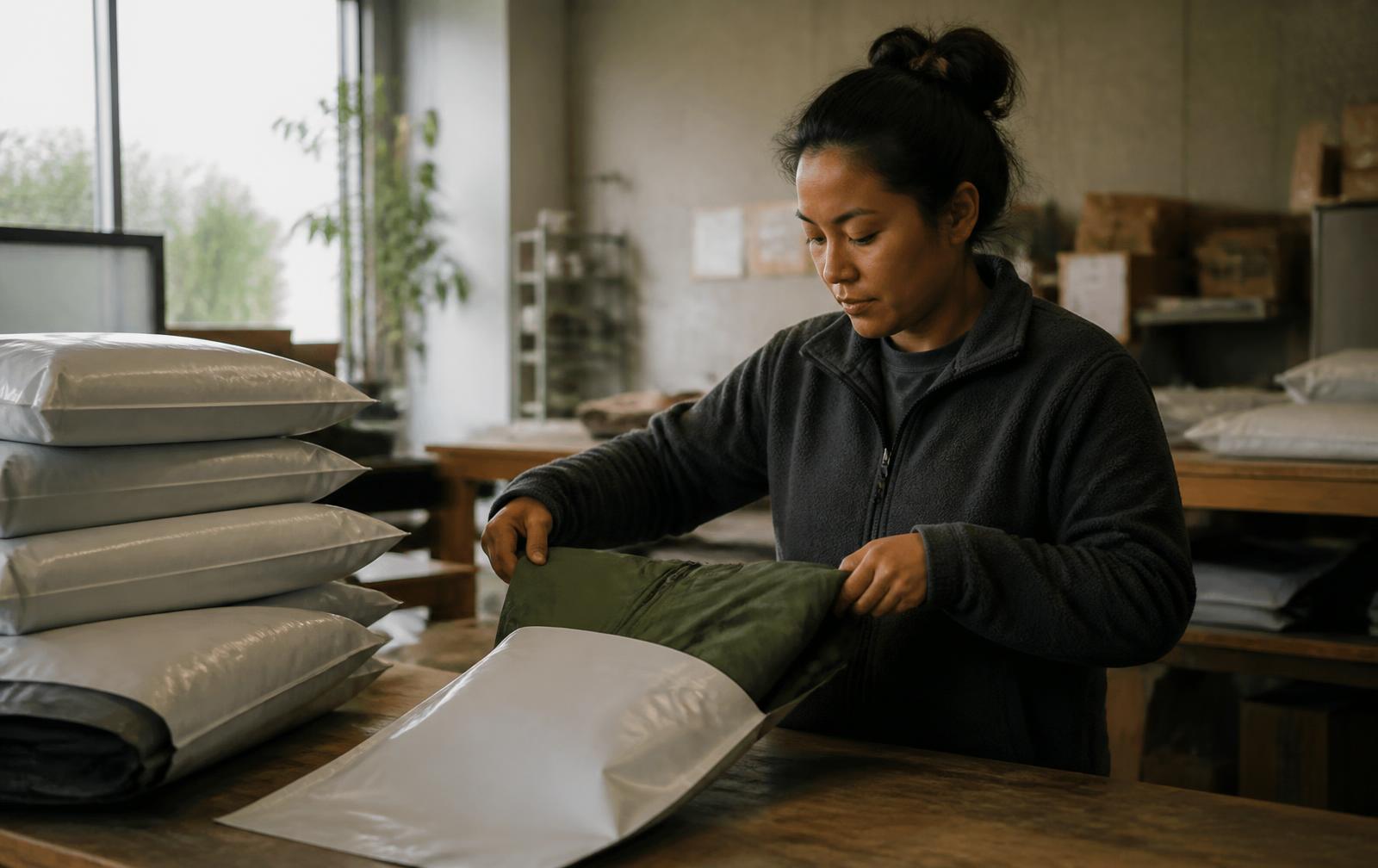 Warehouse employee folding a technical rain jacket into a shipping mailer at a fulfillment bench, stacks of packed parcels alongside